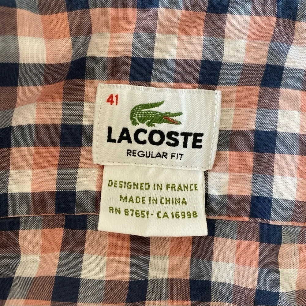 Lacoste Regular Fit Long Sleeve Lightweight Button Shirt Gingham Sz 41 (M-L) - Picture 6 of 11